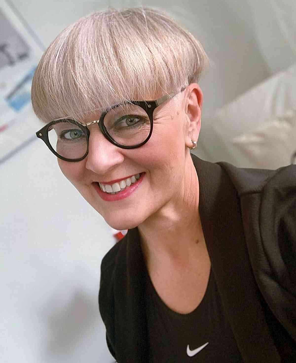 Straight Bowl Cut for Mature Women Over 50 Wearing Eyeglasses