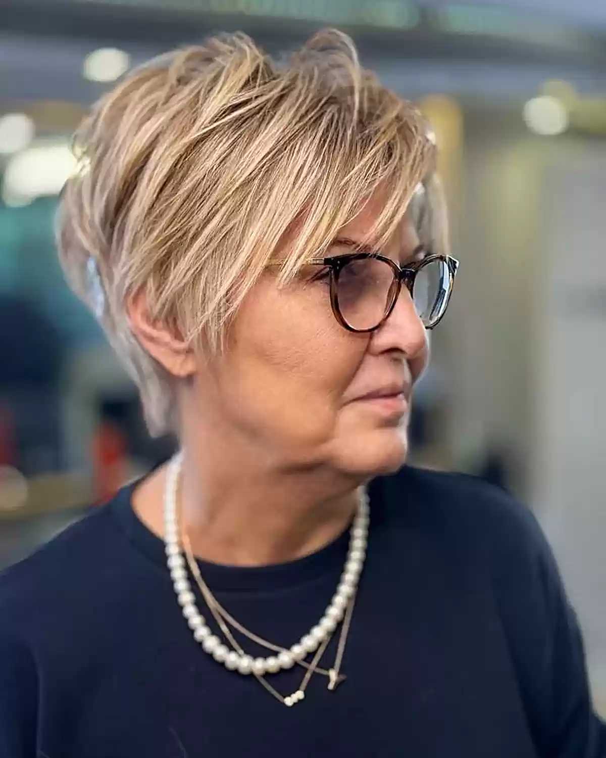Straight Thick Pixie with Choppy Layers on ladies over 60 and up