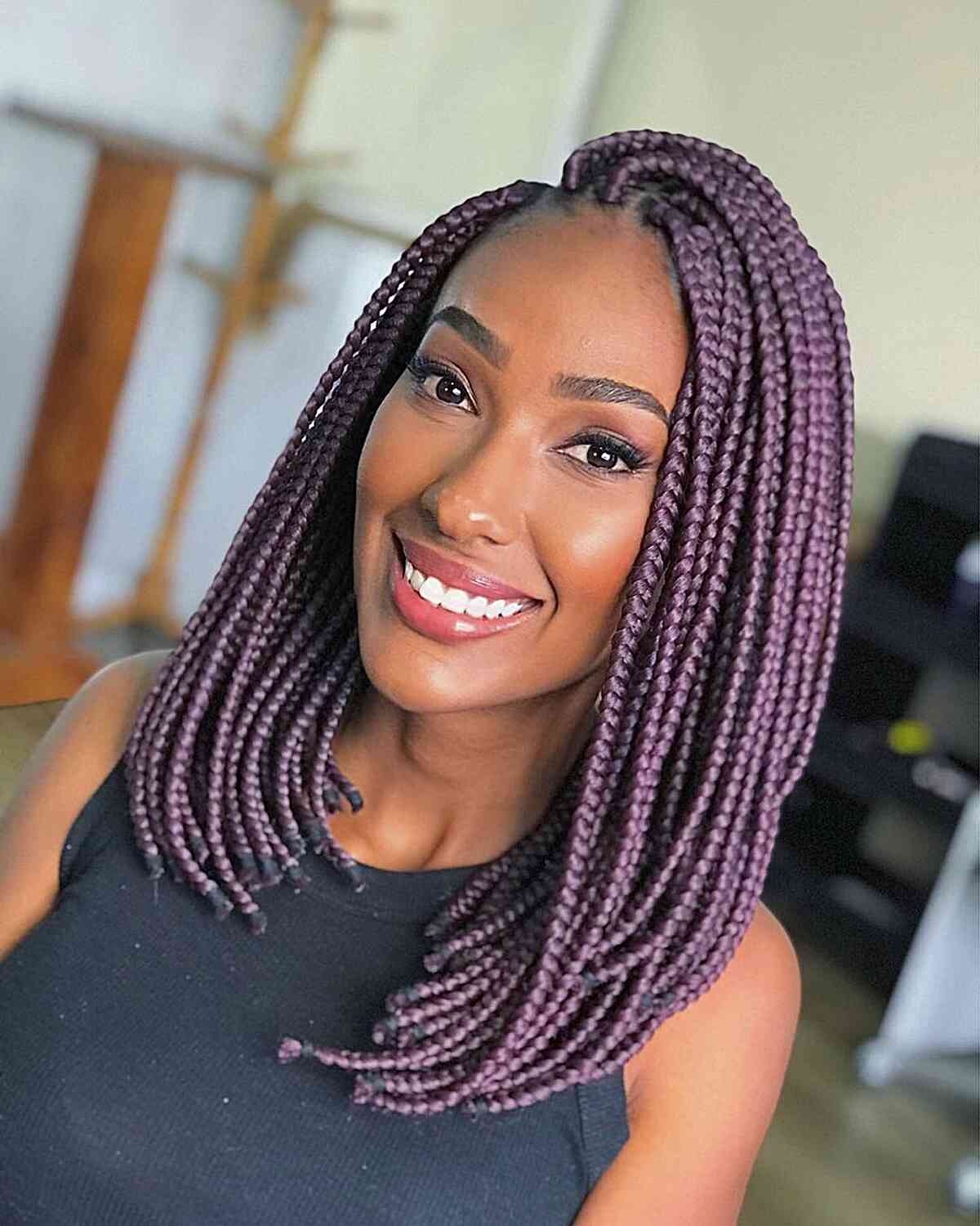 Stunning Purple Box Braids on a Long Bob with a Side Part