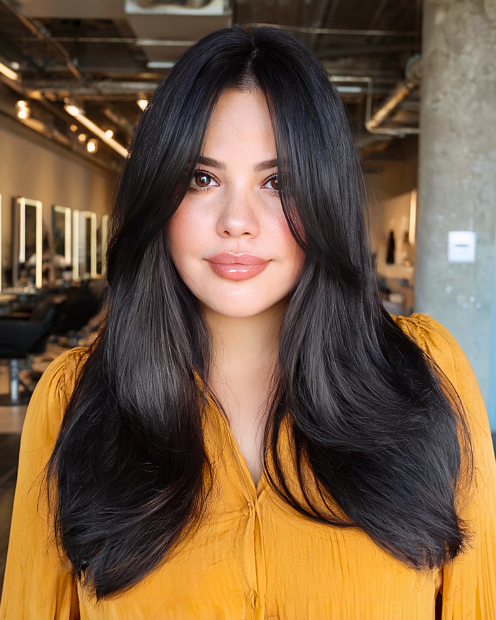 Sleek long dark brown hair with subtle curtain bangs for round face slimming effect