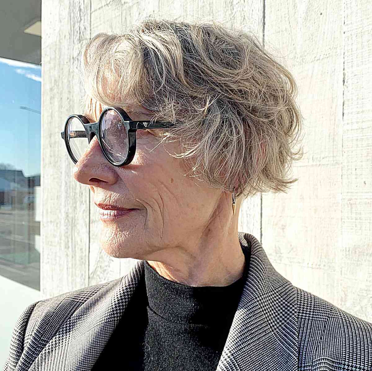 Super Short Thick Bob for Wavy Hair on Women Aged 60 with glasses