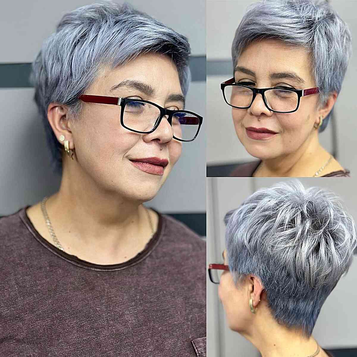 Tapered Silver Pixie on Women Aged 50 with Eyeglasses