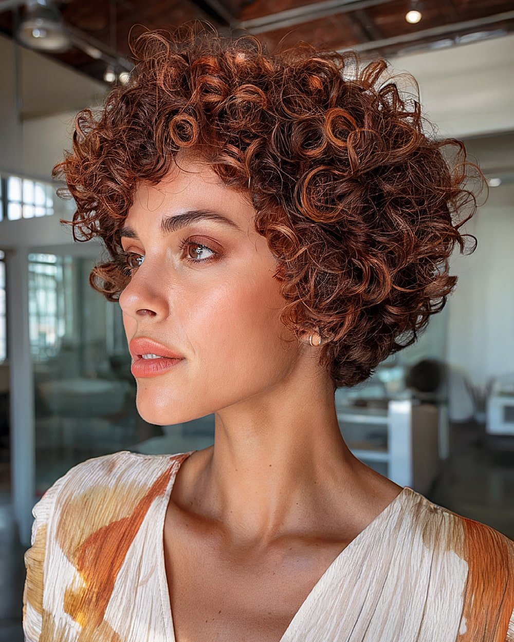 Tapered stacked curly bob with close-cropped neckline and lifted crown curls
