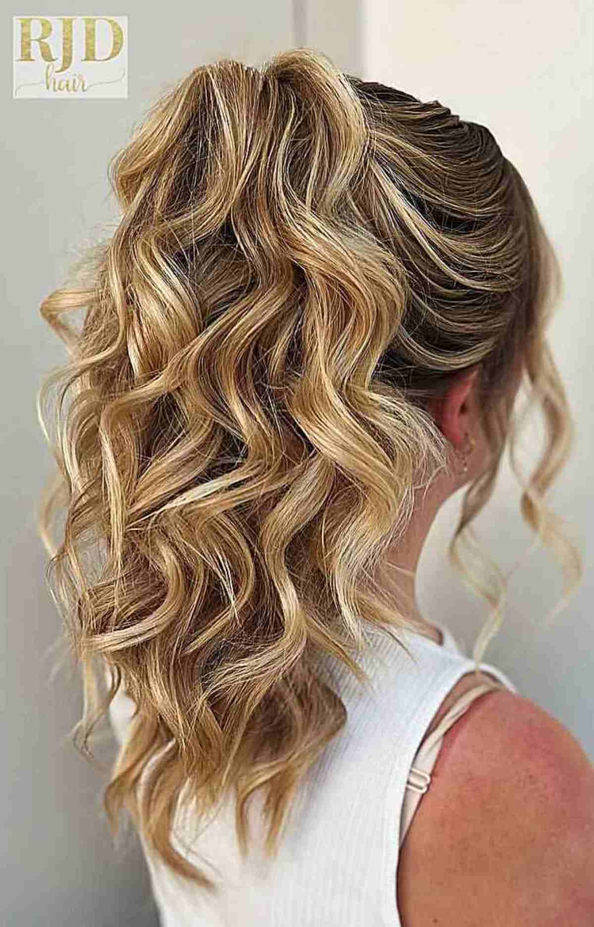 Textured High Ponytail with Long Beach Waves