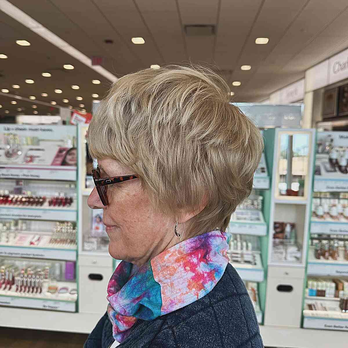 Thick Pixie Shag with Choppy Layers for Older Women Over Sixty with Glasses