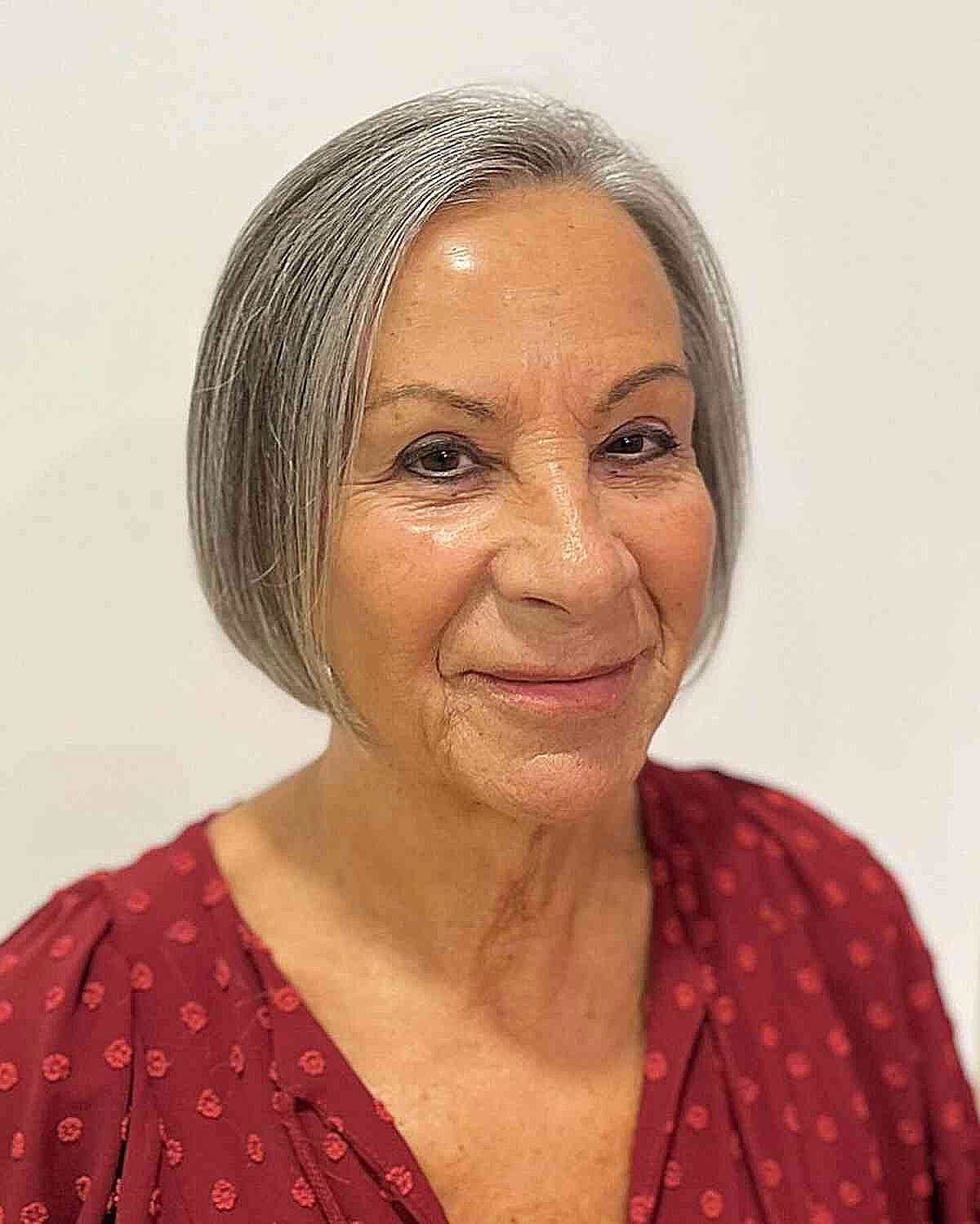 Thin Grey Chin-Length Bob with Side Part for Ladies Past Their 50s