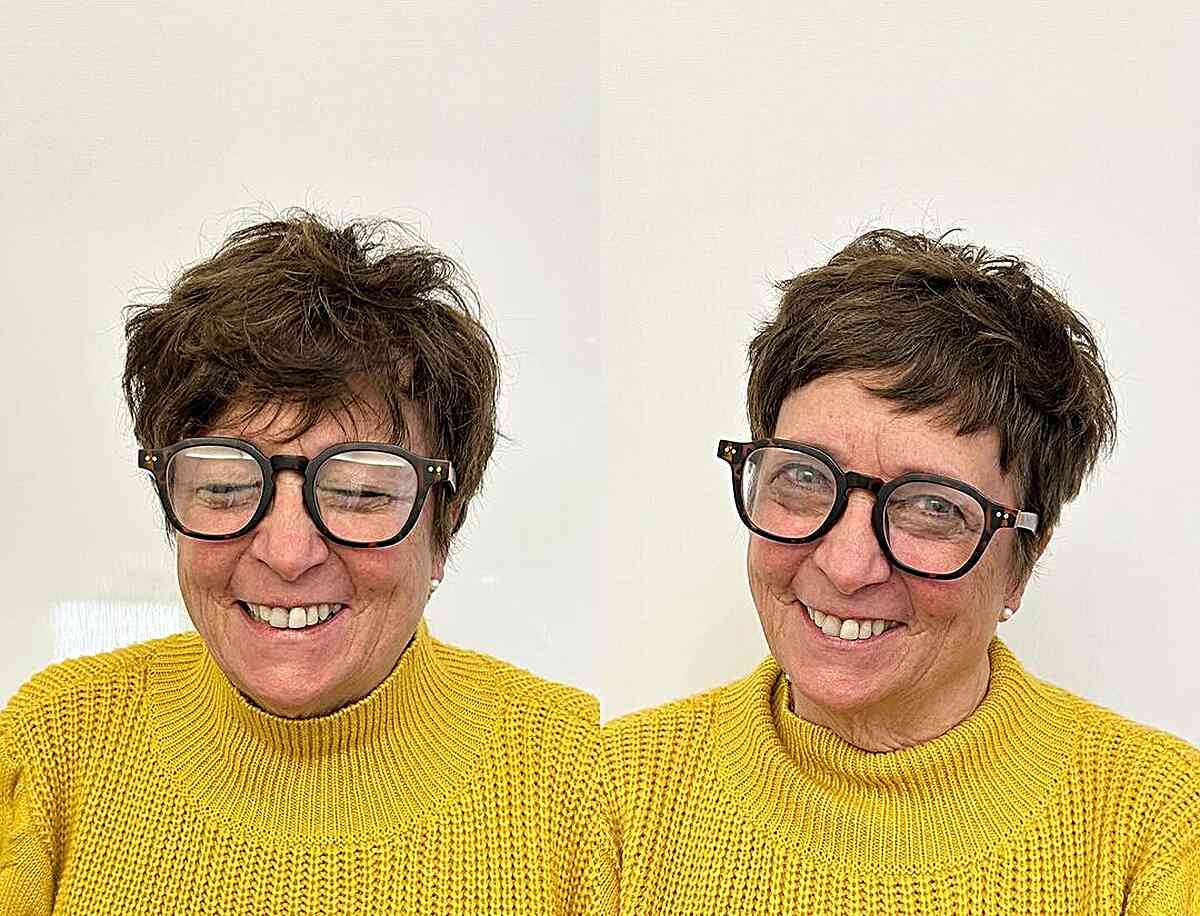 Short-Length Tousled Pixie with Mini Bangs for Women Aged 50 with Specs