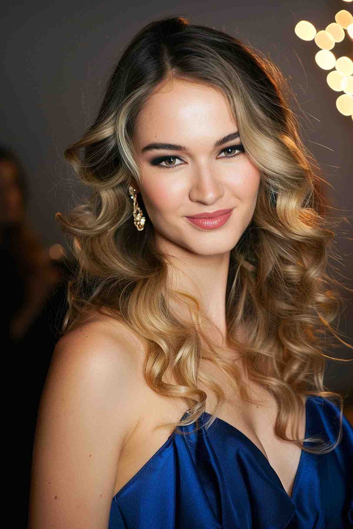 Soft tousled waves with highlights for a relaxed yet elegant gala hairstyle.