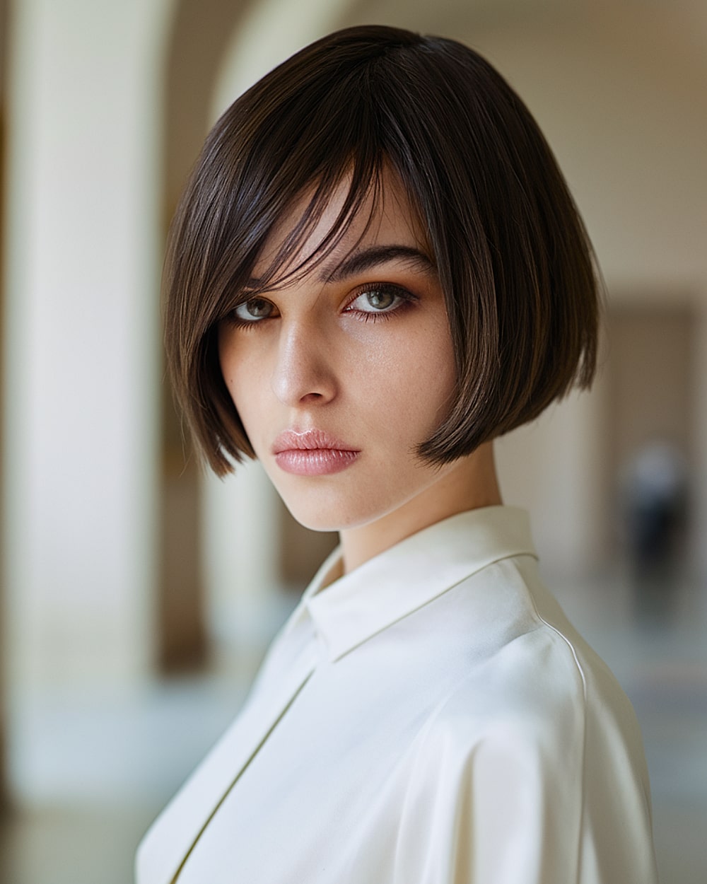 Pinch bob with soft side bangs and rounded edge tuck on medium thick straight hair