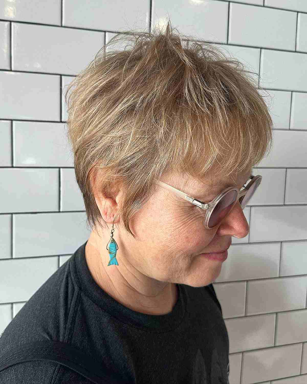 Undone Pixie Style with Side Burns for Ladies Aged 50 with Specs