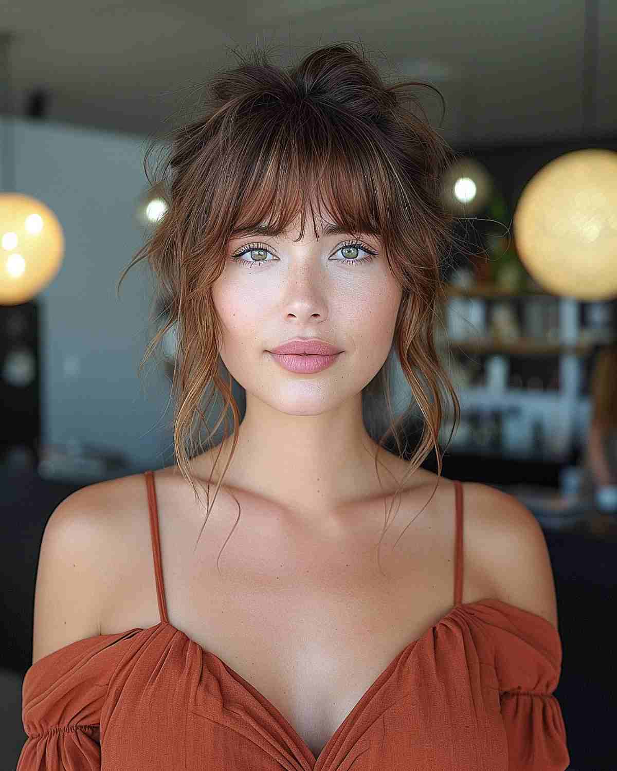 Undone updo with wispy bangs for date night