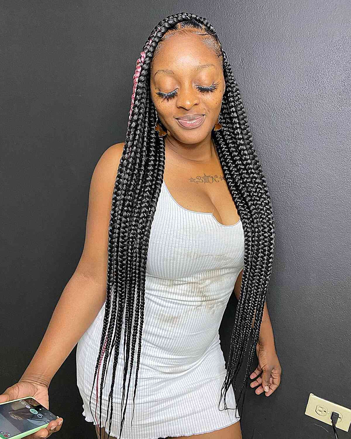 Very Long Big Knotless Braids with Pink Accent for Natural Black hair
