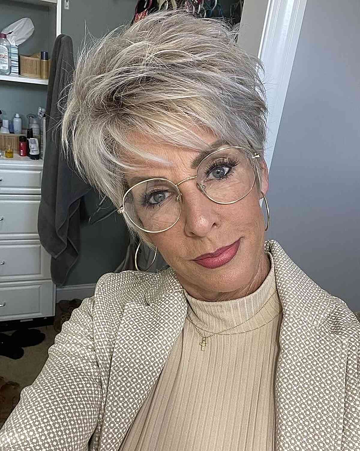 Voluminous Messy Feathered Pixie on Ladies Over 50 with Glasses