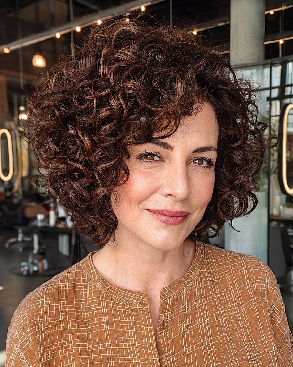 Voluminous stacked curly bob with dense curls and layered rounded shape