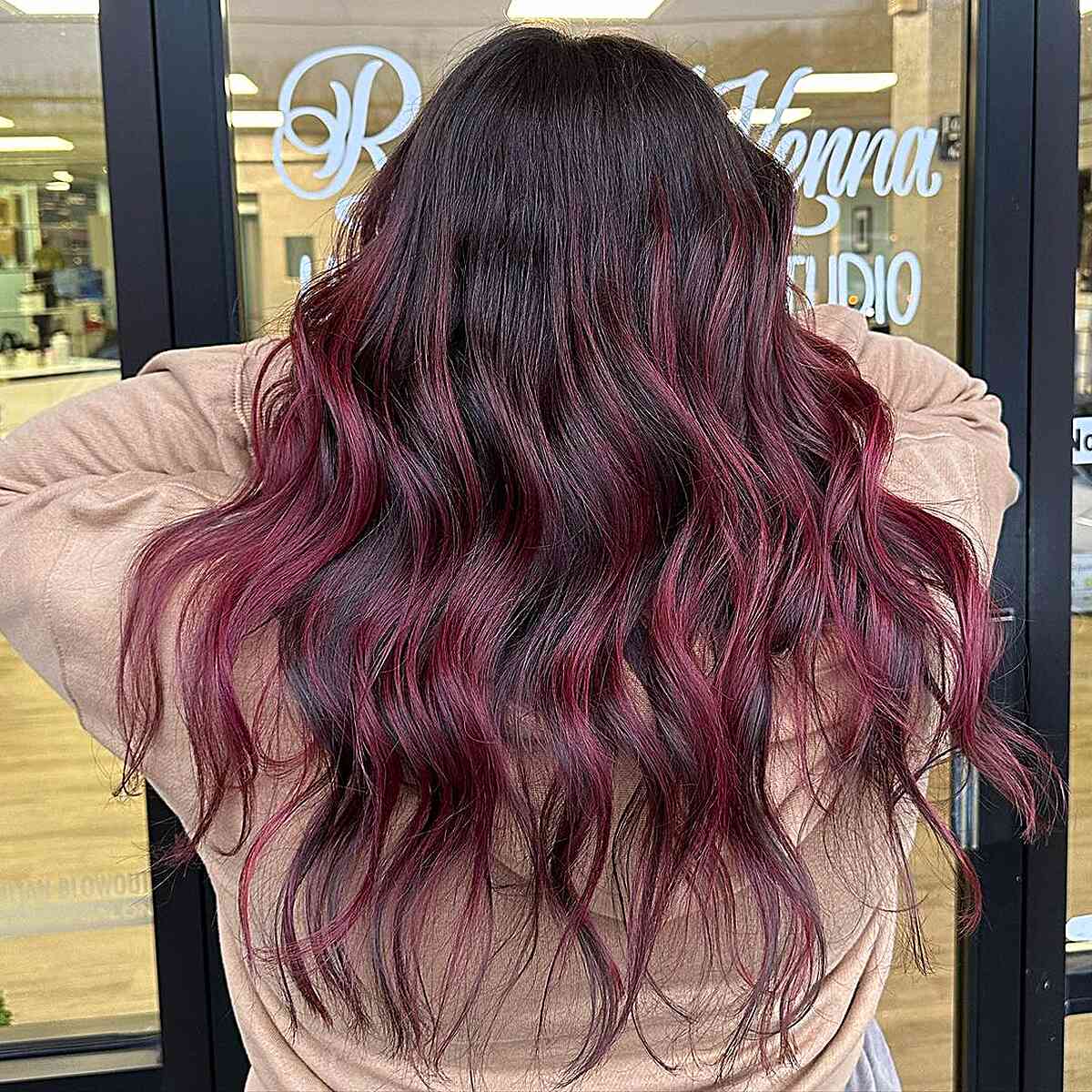 Long Wavy Black Hair with Cherry Cola Highlights