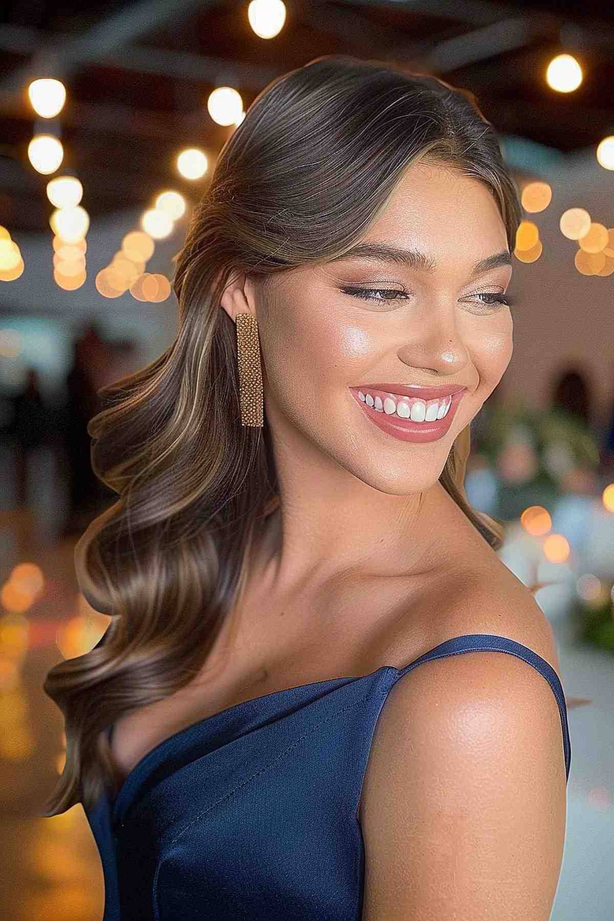 Glossy waves with a side part for a glamorous gala hairstyle.