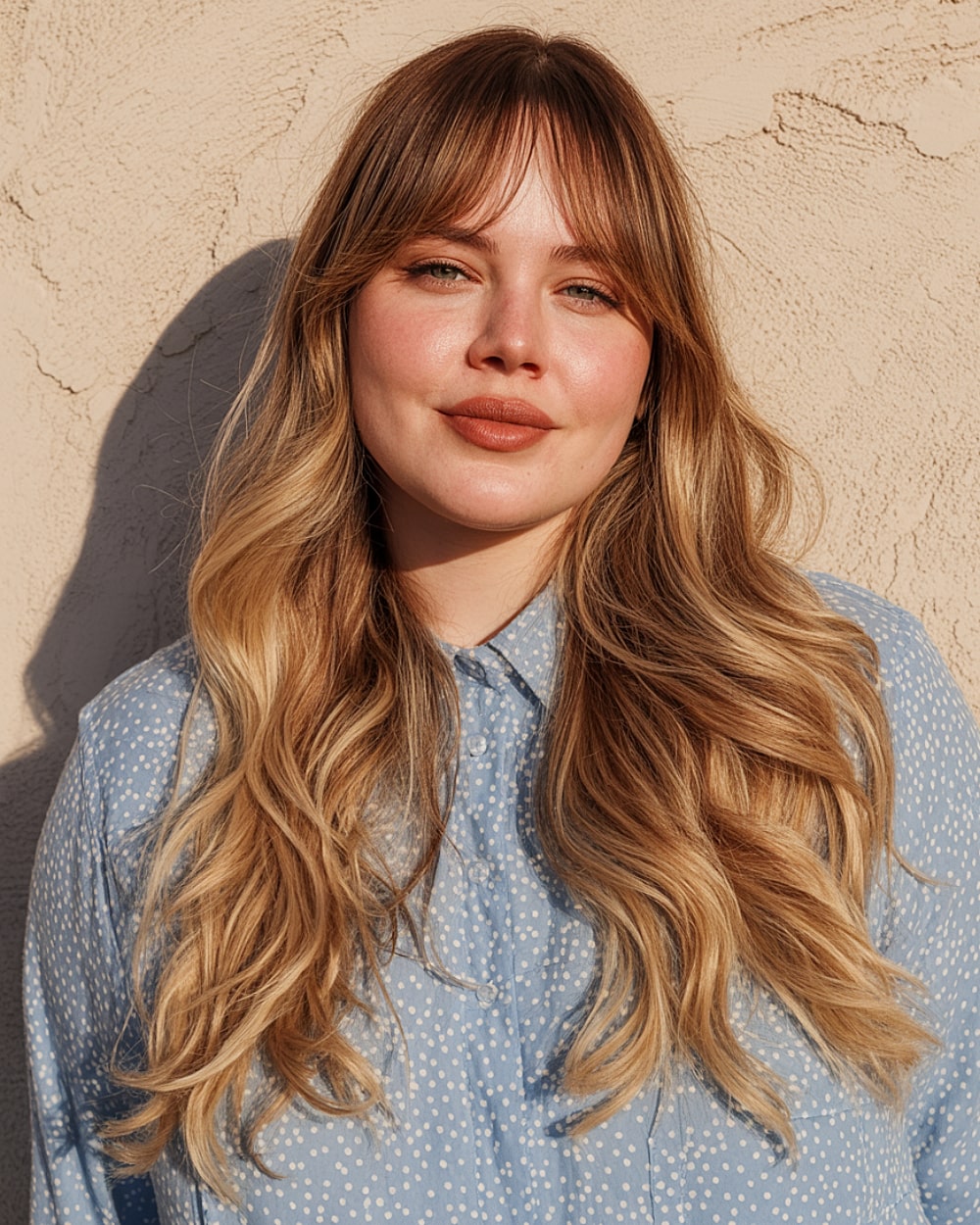Long blonde waves with wispy curtain bangs to soften round face shape naturally